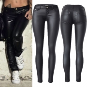 Fashion Solid Color Low-rise Artificial Leather PU Slim Fit Pants