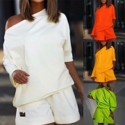 Fashion Solid Color Two-piece Set Consist of Backless Off-the-shoulder Shirt and Drawstring Shorts