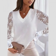 Fashion Semi-through Gauze Spliced Long Sleeve V-neck Shirt