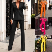 Elegant Two-piece Suit Set Consist of Lapel Blazer and Wide-leg Pants