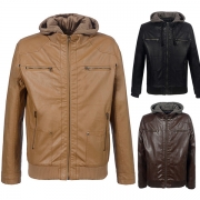 Fashion Detachable Hoodied Artificial Leather PU Jacket for Men