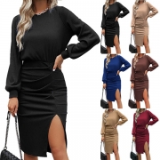Fashion Solid Color Long Sleeve Round Neck Ruched Slit Bodycon Dress