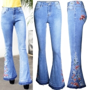Vintage Old-washed Floral Embroidered Wide-leg Denim Jeans