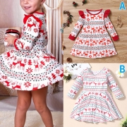 Fashion Round Neck Elk Printed Christmas Dress for Girls
