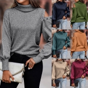 Fashion Solid Color Turtle Neck Long Sleeve Open Shoulder Knitted Sweater
