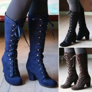 Mid cut Flat Toe Chunky Heel Lace up Boots