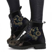 Gothic Sun Moon Print Platform Lace Up Martin Ankle Boots