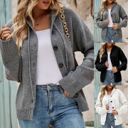 Casual Solid Color Long Sleeve Buttoned Drawstring Hooded Knitted Cardigan