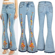 Street Fashion Old-washed Floral Embroidery Frayed Hemline Wide-leg Mid-rise Denim Jeans