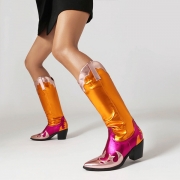 High Boots with Spliced Color Matching Pointed Toe Thick Heel Knight Boots