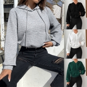 Casual Solid Color Long Sleeve Drawstring Hooded Waffle Texture Crop Sweatshirt