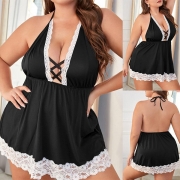 Sexy Lace Spliced Cross-criss V-neck Backless Halterneck Plus-size Nightwear Dress