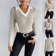 Fashion Contrast Color Stand Collar V-Neck Long Sleeve Ribber Shirt