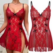 Sexy Semi-through Bowknot Slit Lace Spliced Nightwear Dress