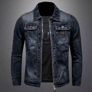 Retro-Fit Denim Jacket with Stand Collar and Zipper