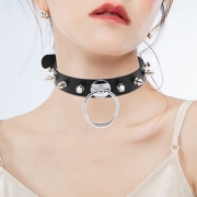 Punk Style Rivet O-ring Artificial Leather PU Adjustable Choker