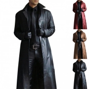 Solid Color Slim Fit PU Leather Long Coat