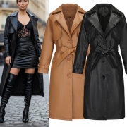 Fashion Notch Lapel Long Sleeve Artificial Leather PU Longline Jacket with Self-tie Belt