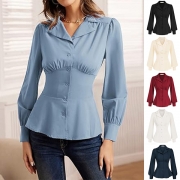 Elegant Notch Lapel V-neck Long Sleeve Gathered Waist Button Shirt