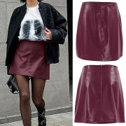 Street Fashion Solid Color Mid-rise Wine-red Artificial Leather PU Skirt