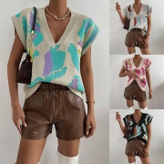 Fashion Contrast Color Pattern V-neck Sleeveless Knitted Vest