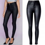 Fashion Mid-Waist Slim Fit Stretch PU Artificial Leather Black Pants