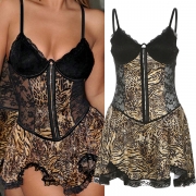 Sexy Leopard Printed Front Bucklet Lace Spliced Corset Nightwear Dress