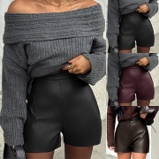 Fashion Solid Color High-rise Artificial Leather PU Shorts