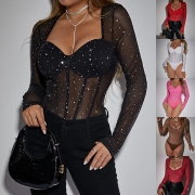Sexy Bling-bling Sweetheart Neckline Long Sleeve Semi-through Bodysuit