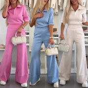 Fashion Solid Color Two-piece Set Consist of Polo-neck Crop Top and Wide-leg Pants