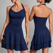 Fashion Halter Neck Draped Neckline Ruffle Hemline Backless Dress