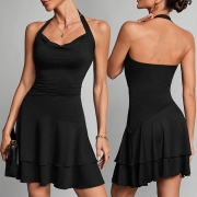 Fashion Halter Neck Draped Neckline Ruffle Hemline Backless Dress