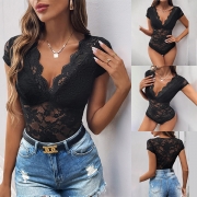 Sexy V-neck Cap Sleeve Lace Bodysuit