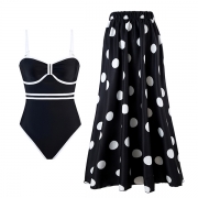 Fashion Polka-dot Printed Two-piece Swimming Suit Consist of Monokini and Swimming Cover-up Skirt