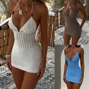 Sexy Hollow Out Halter Neck Sleeveless Backless Bodycon Beach Dress