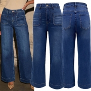 Fashion Front Patch Pockets Straight-cut Old-washed Denim Jeans