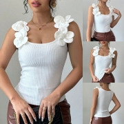 Fashion 3D Floral Square Neck Sleeveless Ribbed Shirt