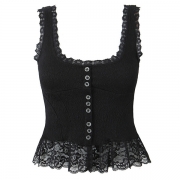 Fashion Lace Spliced Square Neck Sleeveless Front Button Tank Top