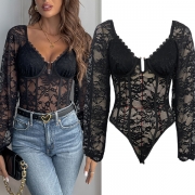 Fashion U-shape Necklace Push-up Long Sleeve Lace Bodysuit