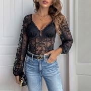 Fashion U-shape Necklace Push-up Long Sleeve Lace Bodysuit