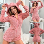 Fashion Heart Pattern Front Zipper Long Sleeve Hooded Plush Romper