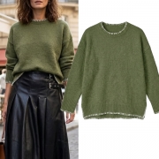 Fashion Contrast Color Crew Neck Side Slit High-low Hemline Sweater