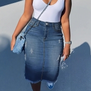 Vintage High-rise Distressed Frayed Hemline Slim-fit Denim Skirt