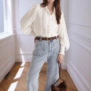 Elegant Stand Collar Lantern sleeve Lace Trim Blouse