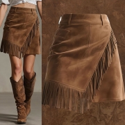 Vintage High-rise Side Slit Irregular Hemline Tassle Skirt