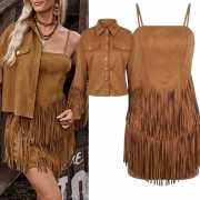 Vintage Tassel Two-piece Set Consist of Jacket and Slip Dress