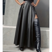 Fashion High-rise Side Slit Artificial Leather PU Maxi Skirt