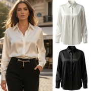 Fashion Solid Color Stand Collar Long Sleeve Fly Front Satin Blouse