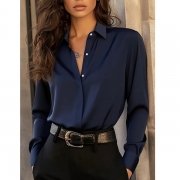 Fashion Solid Color Stand Collar Long Sleeve Fly Front Satin Blouse