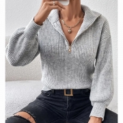 Fashion Half-zipper V-neck Long Sleeve Sweater